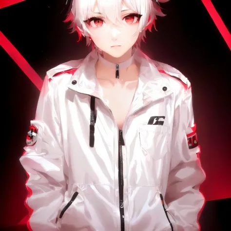 Ibis, boy about 16, medium hair dyed white, black on the outside, red on the inside, light jacket, ruby eyes