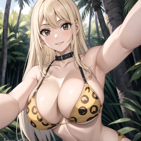 24 year old woman long straight blonde hair,, Brown eyes, big breasts yellow bikini with leopard design, selfi a su pecho, pechos primer plano. sonrisa feliz. fondo un bosque.