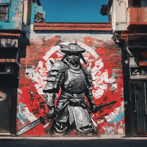 drone shot view, GRAFFITI DRAWING OF A SAMURAI, white, black e red,  ON THE WALL OF A BUILDING, realist style、SPRAY PAINT, (graffiti wall)、UTRA DETAILED ARMOR, ULTRA DETAILED SWORD, hyper-detailed art、award-winning work, IMPACTFUL VISUAL, outdoor ARTWORK, ...