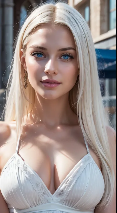 Pure white hair, Pure white hair, (waist length hair), glowing hair, detailed hair, Blue eyes, beautiful eyes, extremely detailed eyes and face, Beautiful detailed eyes, ultra detailed, The world in the face, (shiny lips 1.4), bright skin, 18 year old girl...