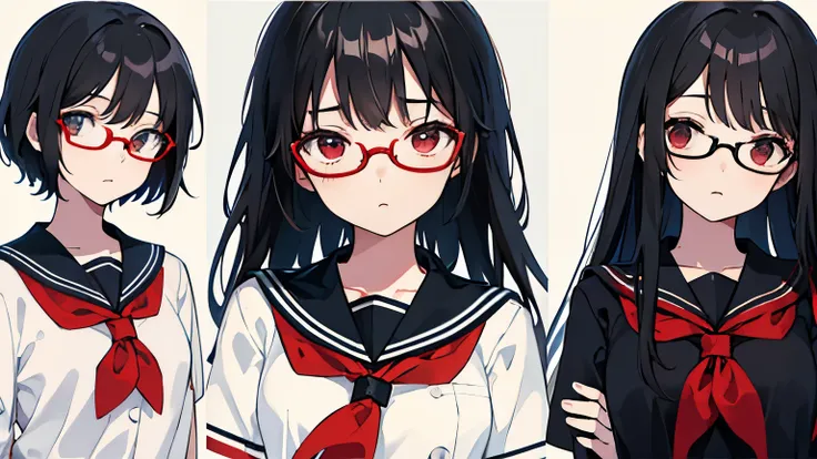 Black haired girl with glasses。Sailor suit、Expressionless。Front view、Red Glasses