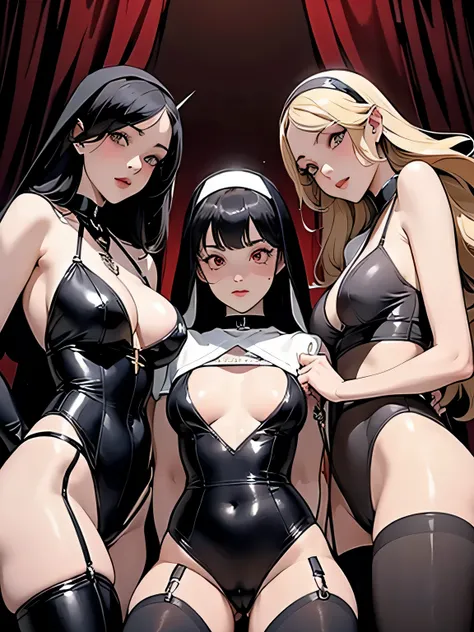 Dynamic shot, ((3 females)), A picture of 2 beautiful succubus demon girls and 1 sexy nun on a leash, ((2 demon girls and a nun)), nun, demons, beautiful demon girls, dark, sexy, nun on a leash, (golden leash), collar, bdsm, beautiful bodies, highly detail...