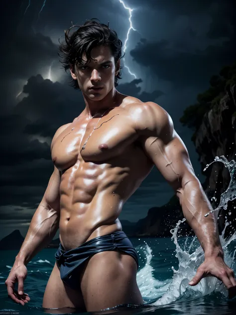 ((masterpiece)),((best quality)),8k, high detailed, ultra-detailed, Stylish Pose, real skin texture, dark cinematic lighting, 18-year-old italian male model, handsome, cute looking, divine look, powerful light blue eyes, Poseidon god, god of the seas, Nept...