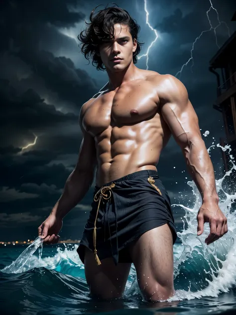 ((masterpiece)),((best quality)),8k, high detailed, ultra-detailed, Stylish Pose, real skin texture, dark cinematic lighting, 18-year-old italian male model, handsome, cute looking, divine look, powerful light blue eyes, Poseidon god, god of the seas, Nept...