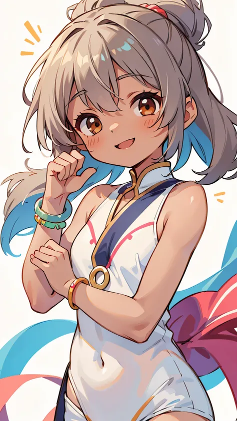 1 Girl、Shortcuts、Gray Hair、She is 16 years old、Brown Skin、Wearing a white bikini、Beautiful brown eyes、slender and muscular body、barefoot、Colorful Bracelets、Colorful anklets、明るくsmile、smile、Dance cheerfully、Upper body close-up