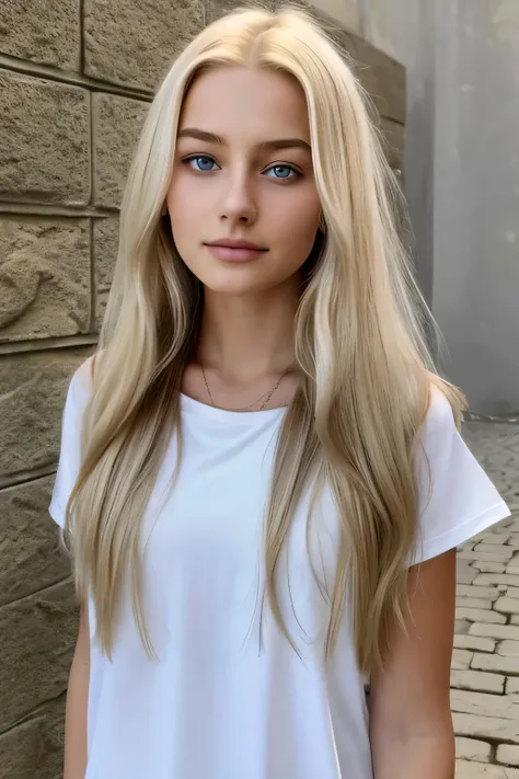 1girl in, age19, Allein, lange Haare, Kolossal , Betrachter betrachten, blondes Haar, nackten Schultern, braune Augen, Juwelier, Full body, eine Halskette, only face realistisch, 