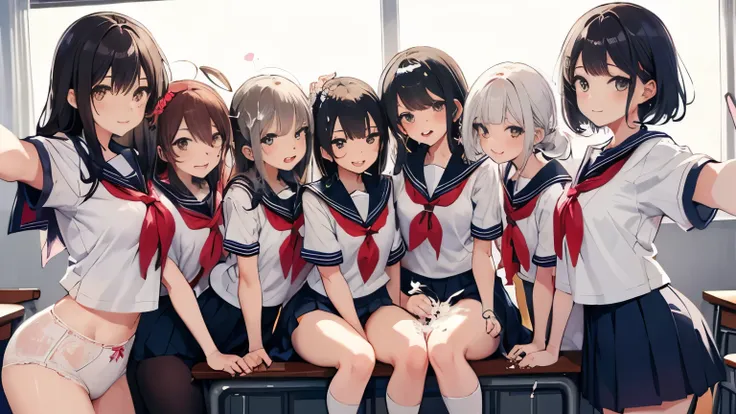  (masterpeace, high quality), (multiple girls) 10 girls ,group selfie,  classroom, (sepalete school uniform:1.2), kawaii lingerie, low angle, wide angle, bright, white, soft light,scorn smile,( large amount of cum on face:1.3 ),fae close up:1.4, multiple v...