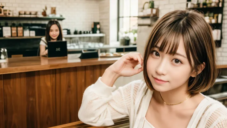 super high quality, short hair, slender, gravure photoshoot, the staff is working at the counter in the back., (8k、raw photos、hi...