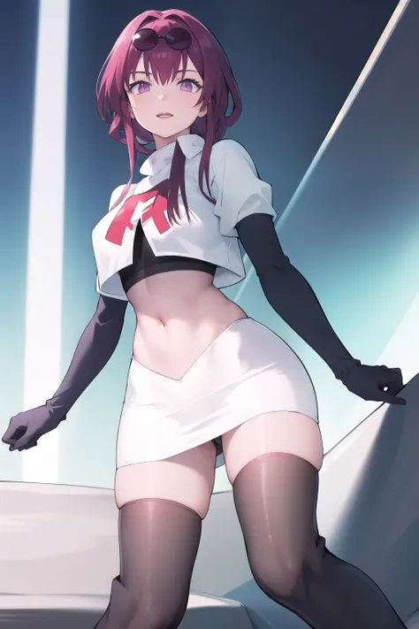 masterpiece, best quality, highres, aakafka, sunglasses, eyewear on head, team rocket,team rocket uniform,white skirt,red letter R,crop top,black thigh-highs,black elbow gloves