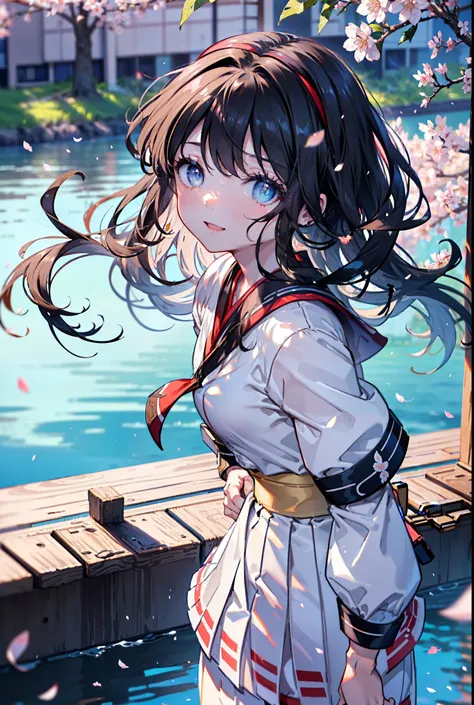 Nakoruru,samurai  spirits,Long Hair, Black Hair, black eye ,hair band,Medium chest,happy smile, smile, Open your mouth,White sailor suit,Blue pleated skirt,Black pantyhose,Brown loafers,Cherry blossoms are blooming,Cherry blossoms are scattered,Cherry blos...