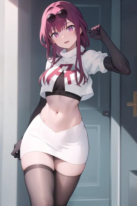masterpiece, best quality, highres, aakafka, sunglasses, eyewear on head, team rocket,team rocket uniform,white skirt,red letter R,crop top,black thigh-highs,black elbow gloves