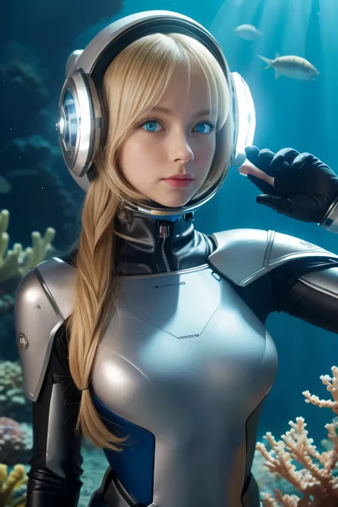 1girl, blonde_hair, solo,(space helmet):6, blue_eyes, looking_at_viewer, futuristic_diving_suit, realistic, breasts, long_hair, ...