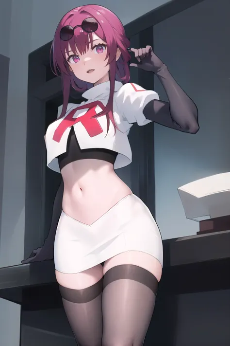 masterpiece, best quality, highres, aakafka, sunglasses, eyewear on head, team rocket,team rocket uniform,white skirt,red letter R,crop top,black thigh-highs,black elbow gloves