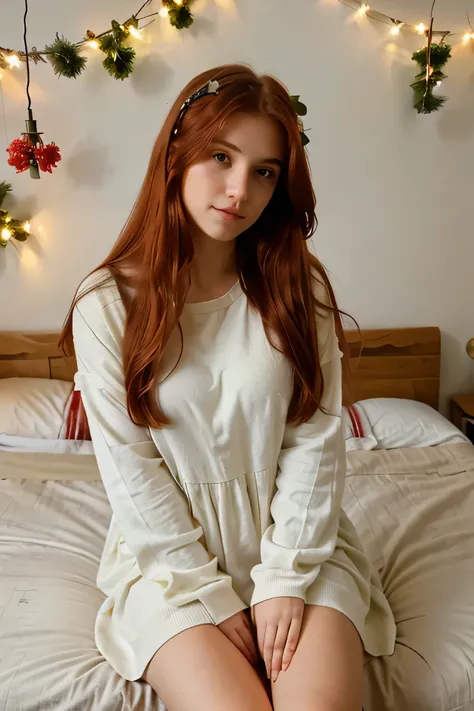 Beautiful, Darling, home girl in casual dress with red hair, long hair looking clearly into the camera sitting on the bed. There is a light wall behind, there is a garland and artificial branches of vegetation on it