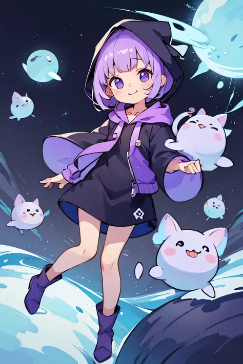 Cute Smile、Medium Short Hair、Purple Hair、((1:2))、whole body、Purple hood、Wizard