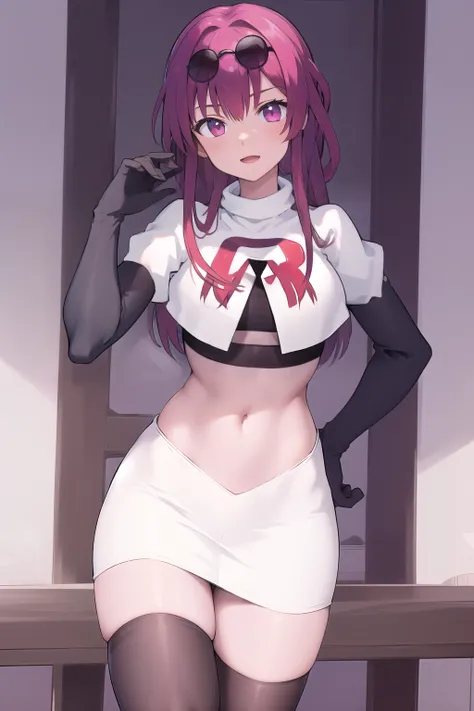 masterpiece, best quality, highres, aakafka, sunglasses, eyewear on head, team rocket,team rocket uniform,white skirt,red letter R,crop top,black thigh-highs,black elbow gloves