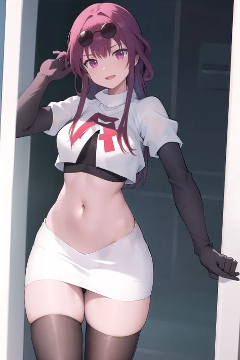 masterpiece, best quality, highres, aakafka, sunglasses, eyewear on head, team rocket,team rocket uniform,white skirt,red letter R,crop top,black thigh-highs,black elbow gloves