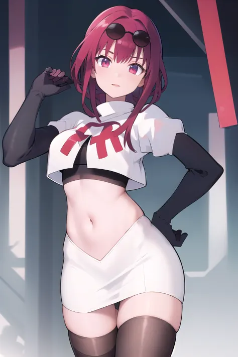 masterpiece, best quality, highres, aakafka, sunglasses, eyewear on head, team rocket,team rocket uniform,white skirt,red letter R,crop top,black thigh-highs,black elbow gloves