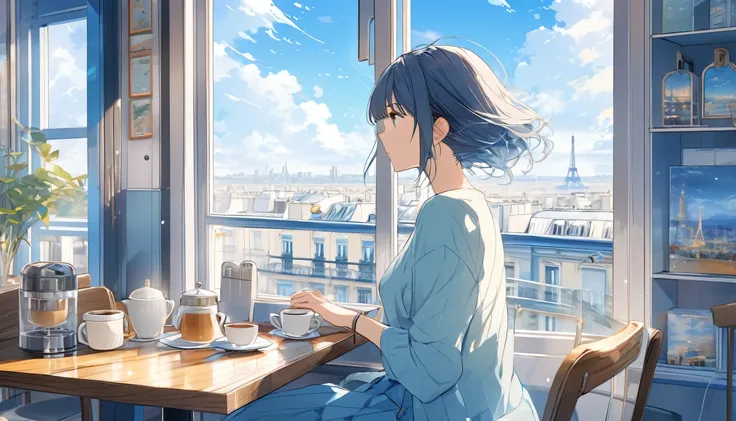 Stylish cafe, girl listening to music, coffee on table, view of Paris from window, holiday afternoon, cute woman like in Japanese anime, yellow and light blue tones, girl alone, atmosphere of Makoto Shinkais work