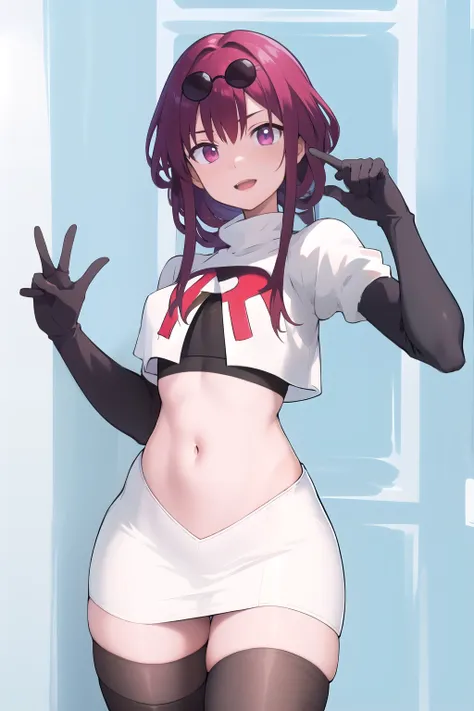 masterpiece, best quality, highres, aakafka, sunglasses, eyewear on head, team rocket,team rocket uniform,white skirt,red letter R,crop top,black thigh-highs,black elbow gloves