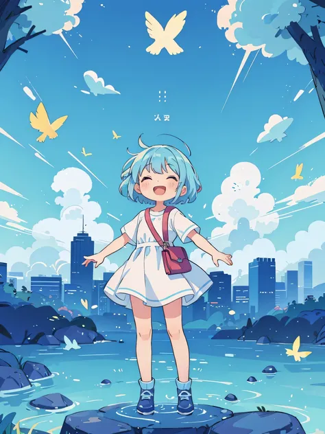 super high quality　Super high quality　masterpiece　short hair　Girl　Light blue hair　The whole body is shown　laughing　