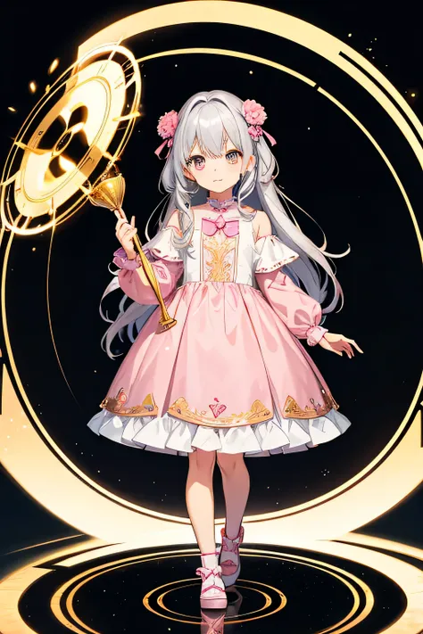 anime cute girl age 5 , silver hair , golden lovely eyes , pink dress , holding pink doll , standing in magic circle 