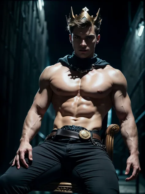 (photorealistic),masculine and shirtless male model, full body shot. A photograph of a 18 years old male model shirtless, he is sitting at the edge of futuristic throne, he is wearing a (dark evil masculine crown:1.4), and tight black futuristic pants, and...