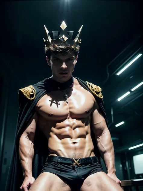 (photorealistic),masculine and shirtless male model, full body shot. A photograph of a 18 years old male model shirtless, he is sitting at the edge of futuristic throne, he is wearing a (dark evil masculine crown:1.4), and tight black futuristic pants, and...