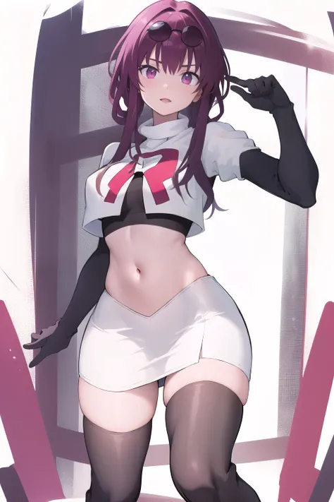 masterpiece, best quality, highres, aakafka, sunglasses, eyewear on head, team rocket,team rocket uniform,white skirt,red letter R,crop top,black thigh-highs,black elbow gloves