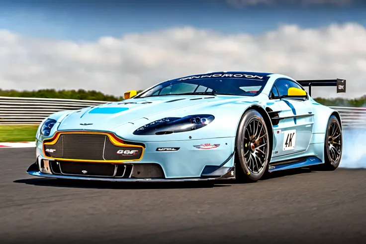 masterpiece, best quality, aston martin, v8 vantage gt2, race track, in motion, uhd, hdr, 4k, ray tracing