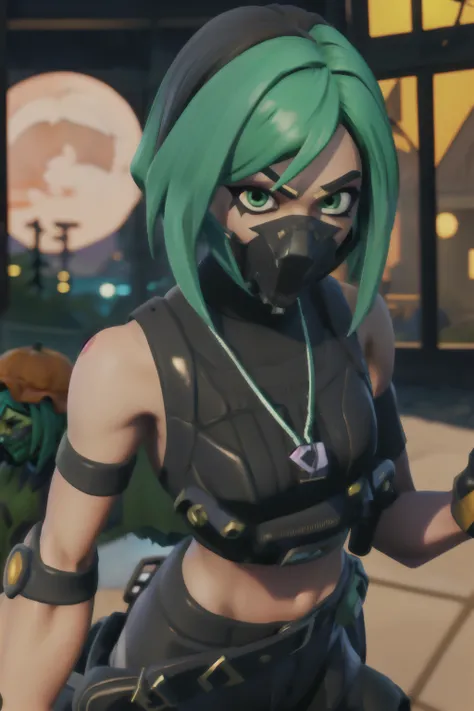 Zush:1.1, 1girl, medium breasts,(( stitched arm, two-tone hair, black hair, green hair, animification, split-color hair, stitches, stitched face, zombies:1.5, blood, fortnite)), short anime hair, green eyes, gloves, navel, bare shoulders, standing, sleevel...