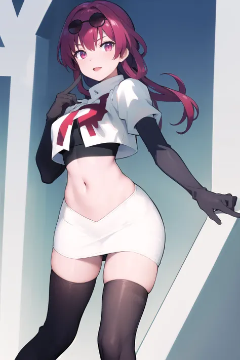 masterpiece, best quality, highres, aakafka, sunglasses, eyewear on head, team rocket,team rocket uniform,white skirt,red letter R,crop top,black thigh-highs,black elbow gloves