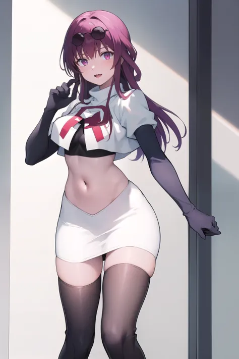 masterpiece, best quality, highres, aakafka, sunglasses, eyewear on head, team rocket,team rocket uniform,white skirt,red letter...