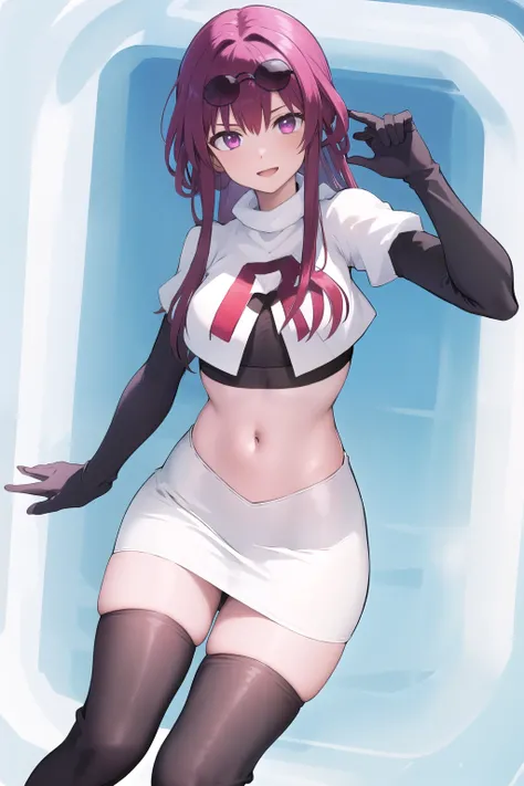 masterpiece, best quality, highres, aakafka, sunglasses, eyewear on head, team rocket,team rocket uniform,white skirt,red letter R,crop top,black thigh-highs,black elbow gloves