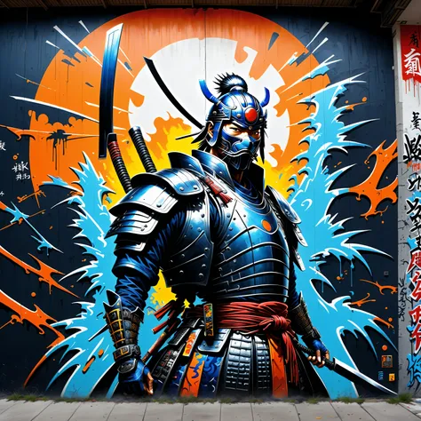 low angle shot view, GRAFFITI OF A SAMURAI, ON THE WALL OF A BUILDING, hip hop style、SPRAY PAINT, (graffiti wall)、beautiful picture, absurd amount of detail, UTRA DETAILED ARMOR, ULTRA DETAILED SWORD, hyper-detailed art、award-winning work, IMPACTFUL VISUAL...