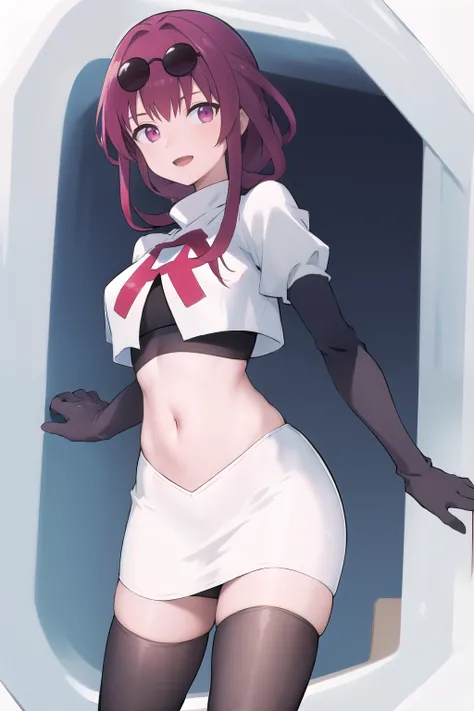 masterpiece, best quality, highres, aakafka, sunglasses, eyewear on head, team rocket,team rocket uniform,white skirt,red letter R,crop top,black thigh-highs,black elbow gloves