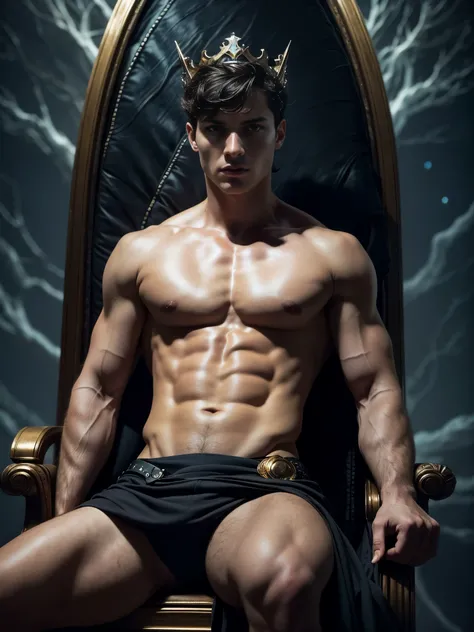 (photorealistic),masculine and shirtless male model, full body shot. A photograph of a 18 years old male model shirtless, he is sitting at the edge of futuristic throne, he is wearing a (dark evil masculine crown:1.4), and tight black futuristic loincloth,...