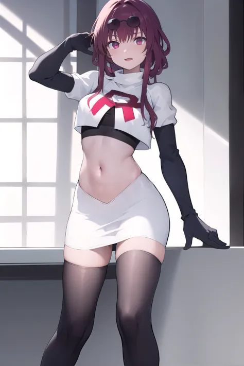 masterpiece, best quality, highres, aakafka, sunglasses, eyewear on head, team rocket,team rocket uniform,white skirt,red letter...