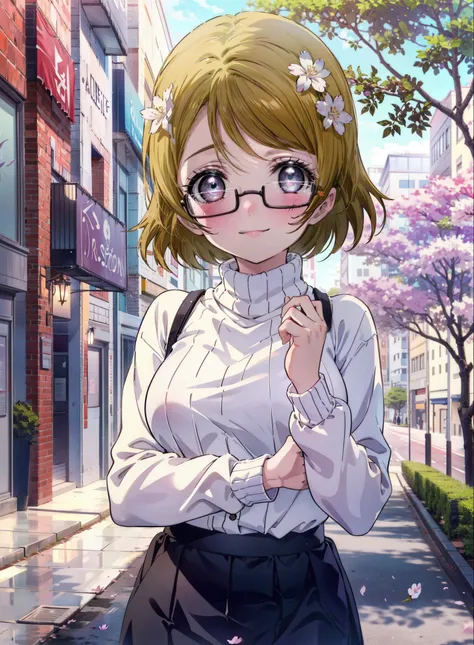 Hanayo Koizumi, hanayo koizumi, Short Hair, Brown Hair, Purple eyes,Big Breasts,Black-rimmed glasses,sweater,Long skirt,Mini Boots,Cherry blossoms are blooming,Cherry blossoms are scattered,Cherry blossom tree-lined path,happy smile, smile, Open your mouth...