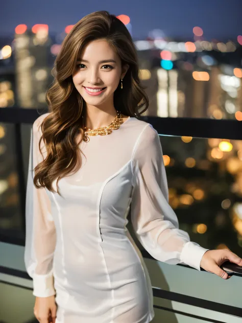 ((highest quality, 8k, masterpiece: 1.3)), 1 girl, smile, whole body, Slim face, Beautiful woman, Medium dark brown hair, White crisp shirt at upper body, The upper body is black straight suit pants, High heels, Highly detailed face, Fine grain, double eye...