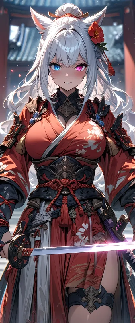 (masterpiece), best quality, expressive eyes, perfect face,1girl,final fantasy xiv,miqote,(heterochormia, left pink eye, right light blue eye:1.4),hair flower,(ornate samurai clothes:1.2),bangle,big breasts,heel sandals,(white hair),long wavy hair,[[japane...