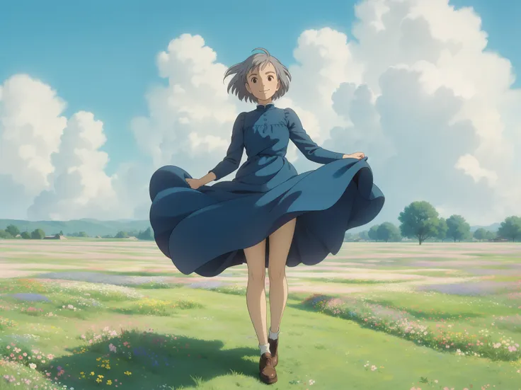 studioghiblistylehmc, 1girl, short grey hair, blue dress, wind lift, closed mouth smiling, brown shoes, in a flower field, cloud...