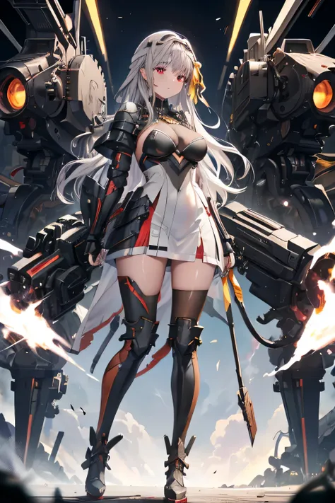 1 girl, tie hair, hair combed to the left side, long gray hair, red eyes, innocent smile, black mechanical armor, cool and sexy face, black knee-high sock, 8, sharp face, yellow ribbon on ear , battlefield, outside, head bondage, black steel boot, standing...