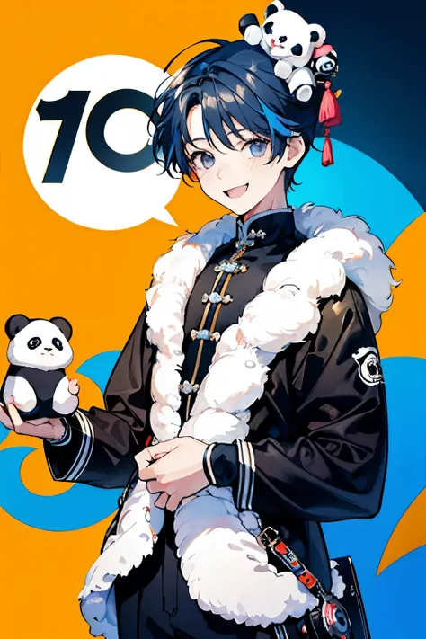 ((A boy about 16 years old)),There are lots of cute mini pandas scattered around,A bustling, mysterious and overflowing world,smile,looks fun,(colorful color background:1.2)