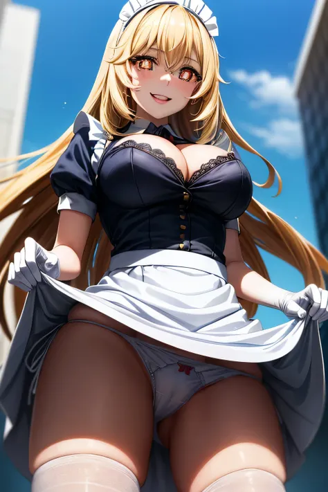 misaki shokuhou, blonde hair, hair between eyes, long hair, (symbol-shaped pupils:1.5), yellow eyes, white gloves, 1girl,18yo,good anatomy, masterpiece, best quality,realistic, hyperrealistic, 16k hdr, outdoors, (sexy maid dress,head dress,cleavage,ultra m...