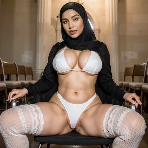 (portrait), (RAW photo, Best quality), (Realistic, photo-realistic:1.2), a sexually attractive hourglass figure 20 years old girl in high heels spread her legs, (sit on a chair in church), (Black and white hijab:1.3), In churches, ((micro bikini)), makeup,...