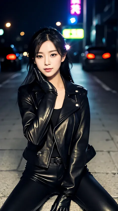 black leather rider jacket, Office in the Dark, Black leather gloved fingertips on both hands,Wearing black leather gloves,Sitting in a black leather chair、 Japanese female new recruits (Black leather gloves cover both hands) (The angle is horizontal)、Blac...