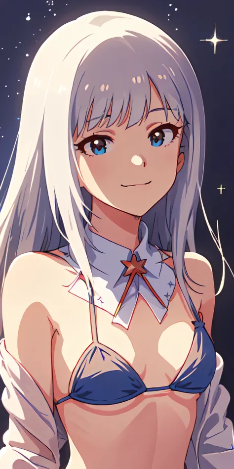 beautiful_girl, Ultra_detailed, sharp_concentrated, alone, bangs, smile, upper_body, Moderate_chest, Metallic Ultra Micro Bikini, star, starry_null, starry_background       
 