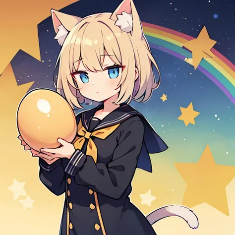 rainbow in the starry sky, (A girl holds a large golden egg with both hands),detailed black sailor uniform, detailed blue eyes, beautiful short gold hair,clearly outlined, Cat ear