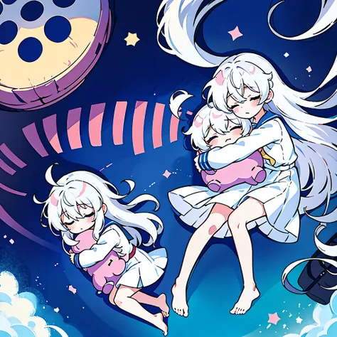 chibi, barefoot, kawaii, sleeping, closed eyes, own hugging feet, 1 girl, full body, transparent background, white hair, long hair, lying, school, white shirt dress, hugging a stuffed toy, from above